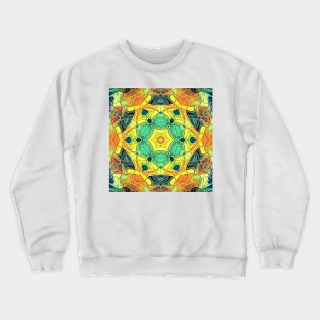 Mosaic Mandala Flower Green Yellow Orange and Blue Crewneck Sweatshirt by WormholeOrbital